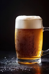 Cold frothy glass of beer with condensation on a dark moody background, refreshing drink with rich golden color