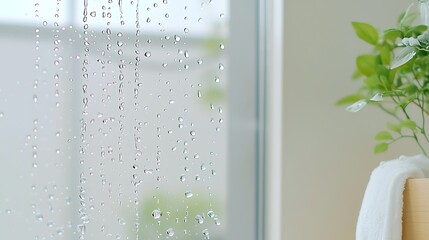 Raindrops on window with blurred greenery. Serene and calming scene depicting nature and tranquility.
