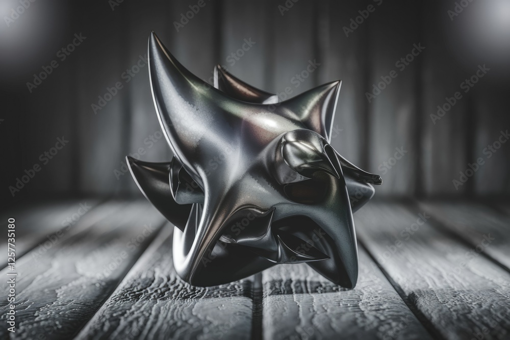 Aufkleber Abstract metallic sculpture with sharp, angular forms, resting on a dark wooden surface.