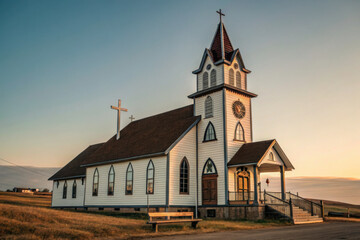 Obraz premium Traditional countryside church with wooden architecture and a cross under a clear sky
