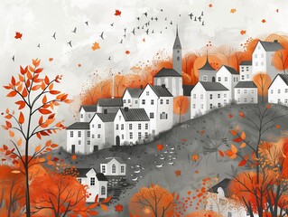 illustration of a town and autumn trees, in white, orange and shades of grey, orange leaves, autumn