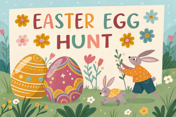 Fototapeta premium Cute Easter egg hunt sign with illustrated rabbits, flowers, and decorative painted eggs