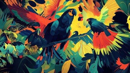 Vibrant parrots perched on branch amidst lush tropical foliage.