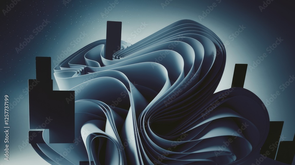 Poster Abstract 3D rendering of flowing, layered shapes creating a dynamic, swirling composition.