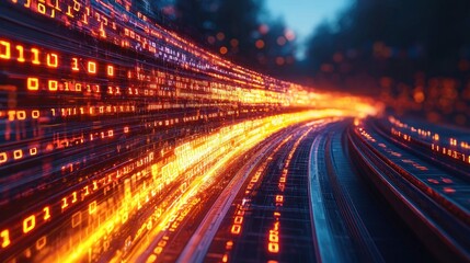 Data stream highway, night, forest, digital flow, tech