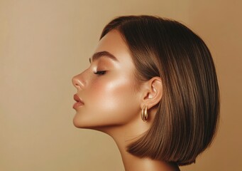 A beautiful woman with a brown bob hairstyle and shiny golden earrings, in profile view, against a beige background. High-resolution photography, with studio lighting. 