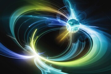 Fototapeta premium Abstract swirling energy with vibrant blue, green, and yellow hues creating a cosmic vortex.