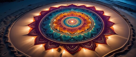 An intricate mandala created with colorful sand inviting mindfulness and tranquility through the artistic representation of balance and harmony
