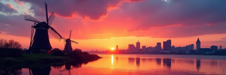 Fototapeta premium Windmill silhouette against Rotterdam skyline at sunset, rotterdam, architecture
