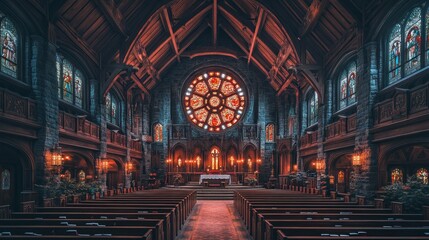 Fototapeta premium Ornate church interior, stained glass, worship space, historical architecture