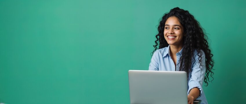 Smiling beautiful Indian girl using laptop for online study. Happy student in educational webinar. Use for banner, header web. Women's Day concept