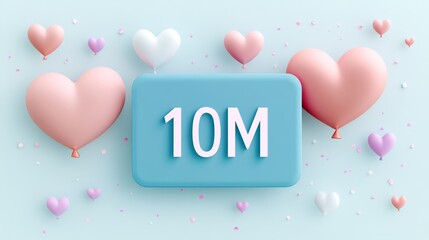 10 Million Celebration Banner With Pastel Balloons And Confetti On Light Blue Background