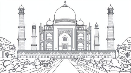 Taj Mahal India architectural line drawing, tourism