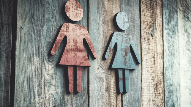 A stylized digital illustration of two rustic female figures representing gender equality, mounted on a weathered wooden background, symbolizing balance, inclusion, - Powered by Adobe