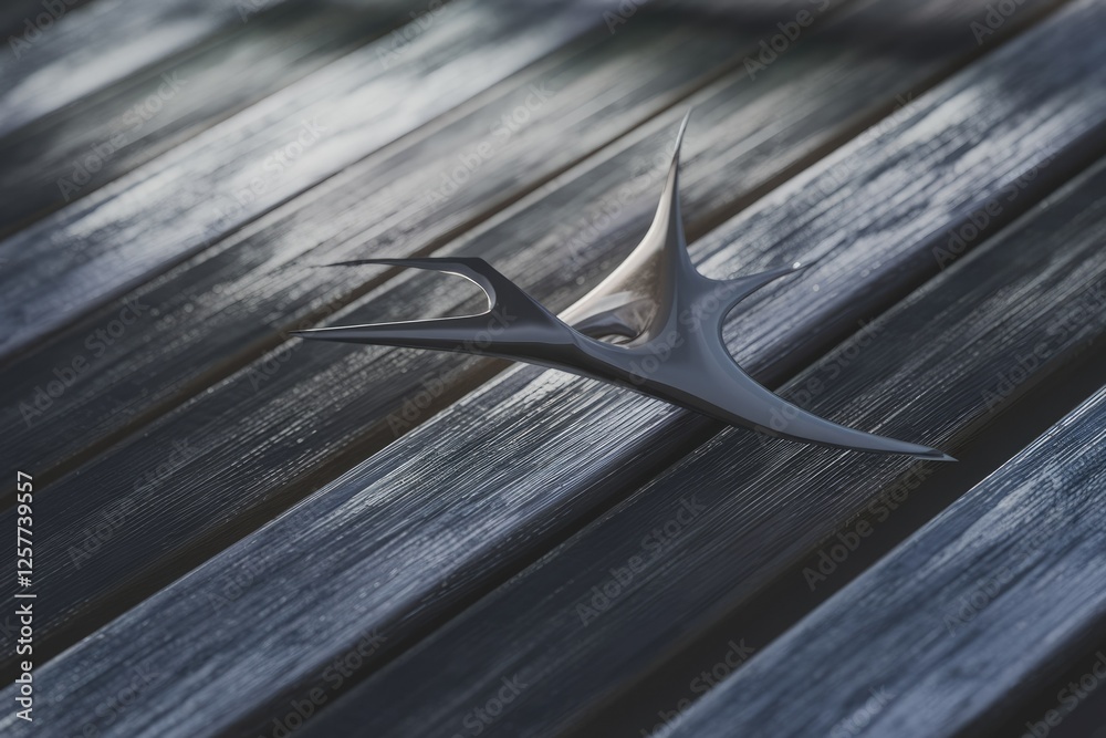 Poster abstract metallic sculpture with sharp, pointed edges rests on dark wooden planks.