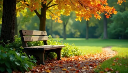 Naklejka premium Wooden bench nestled amongst vibrant foliage, serene park setting , shadow, leaves