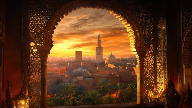 Sunset over Marrakech: A view from an ornate archway
