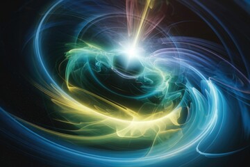 Abstract swirling nebula with vibrant blue, yellow, and green hues, radiating energy and cosmic wonder.