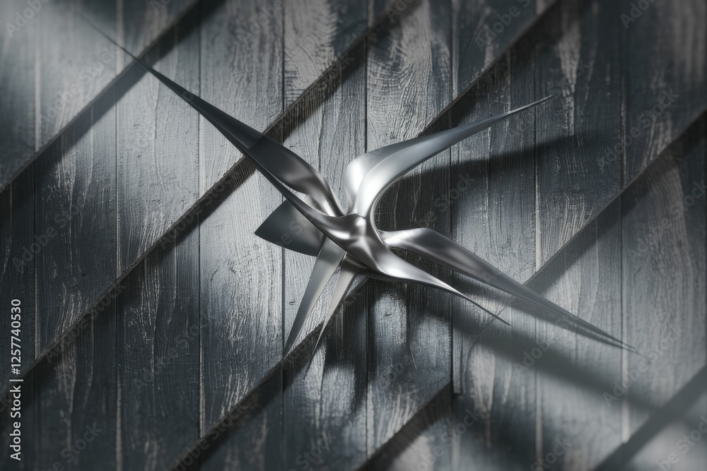 Poster abstract metallic sculpture with sharp, angular design rests on a dark wood background.
