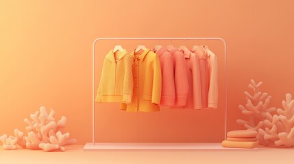 Pastel clothing rack display, coral decor, peach background; online shop