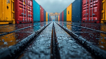 Obraz premium Rain-soaked shipping container yard with colorful containers and wet reflective surfaces