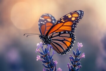 Obraz premium Monarch butterfly perched on lavender flowers in daylight