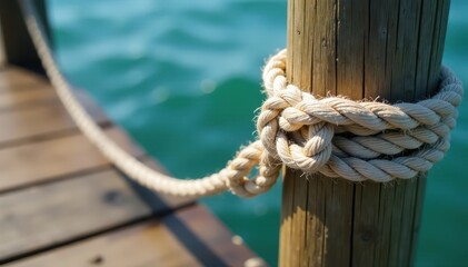 Fototapeta premium A rope looped around a wooden dock post with a sailor's knot tied to secure it, floating, nautical