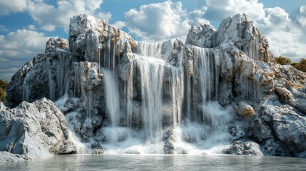 Obraz premium Serene Waterfall Cascading Down Rocky Cliffs Under a Bright Sunny Sky A Picturesque Natural Oasis