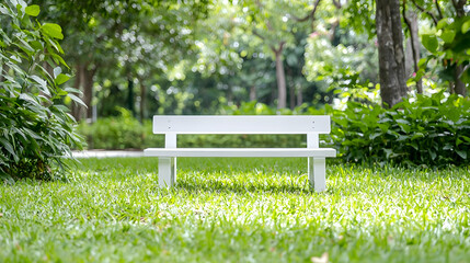 White bench in lush green park; peaceful scene