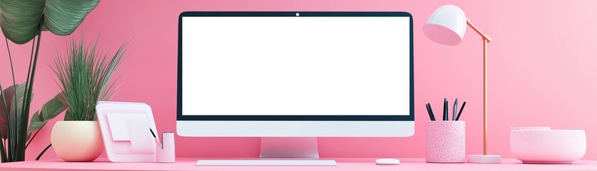 Obraz premium A modern home workstation with a minimalist computer display and a colorful background.