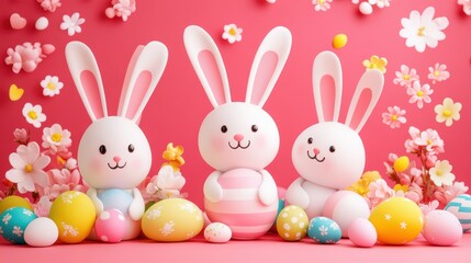 Obraz premium Three white rabbits playfully surround colorful pink and yellow Easter eggs against a cheerful pink background, capturing the essence of the holiday.