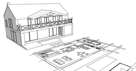 house sketch plan 3d illustration