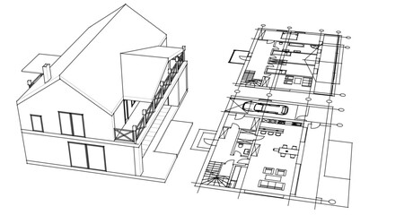 house sketch plan 3d illustration