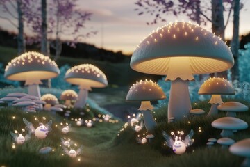 Fototapeta premium Glowing mushrooms illuminate a whimsical forest scene at dusk, with tiny winged creatures adding magic.