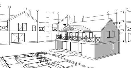 house sketch plan 3d illustration