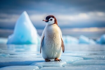 Fototapeta premium Adorable Penguin Chick on Antarctic Ice, Rule of Thirds Composition