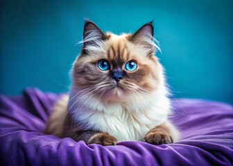 Adorable Persian Seal Tortie Cat Relaxing on Blue Bedspread, Purple Wall Background
