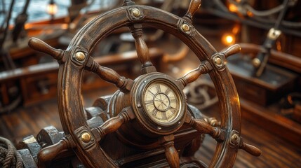 Ornate wooden ship's helm in a historic vessel interior
