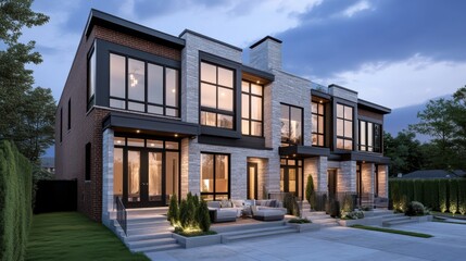 Naklejka premium A high-end townhouse with a rooftop terrace, modern brick and stone exterior, stylish outdoor seating area, large sliding glass doors connecting indoor and outdoor spaces, sophisticated urban living