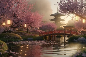 Serene Japanese garden at sunset, featuring a pagoda, cherry blossoms, lanterns, and a red bridge reflecting in a calm pond.