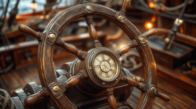 Ornate wooden ship's helm in a historic vessel interior