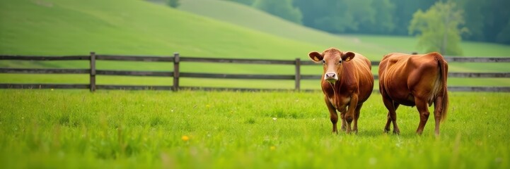 Cattle standing in a green field with a wooden fence , pastures, landscape