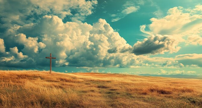 Outdoor Christian scene with a cross atop a hill illuminated by natural sunlight