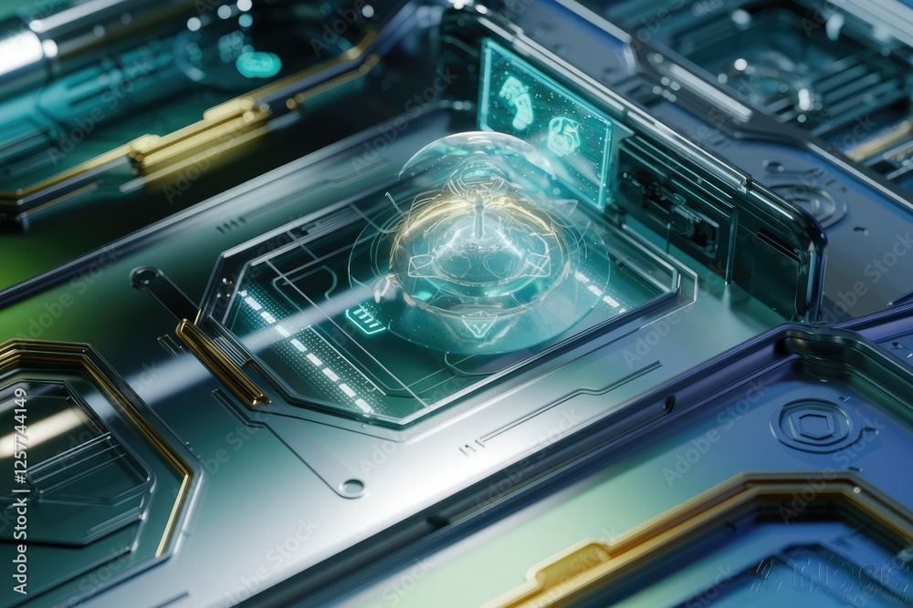 Poster Futuristic technology interface with holographic display showcasing advanced digital elements within a sleek metallic frame.