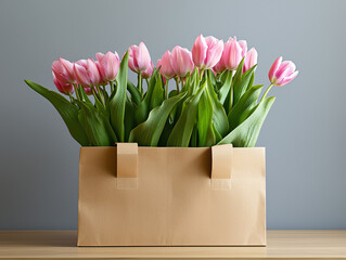 pink tulips in a bag