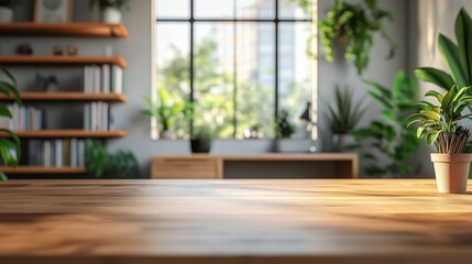 Fototapeta premium home office, camera view from eye level at desk edge, wooden desk surface 