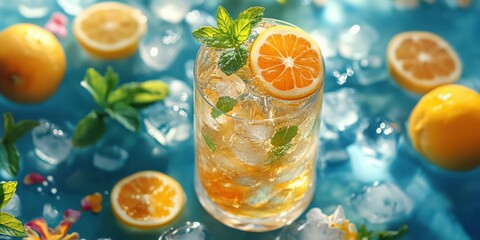Refreshing orange drink garnished with mint and surrounded by ice on a sunny day