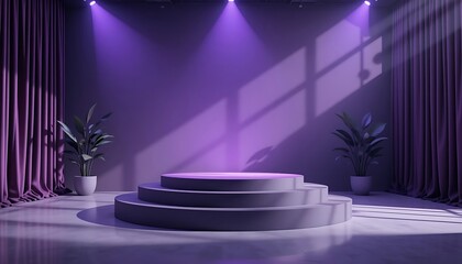 Elegant Purple Stage with Spotlights, Plants and Draped Curtains Backdrop
