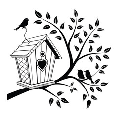Love Nest on the Branch – A Whimsical Birdhouse Illustration