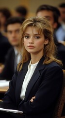 Fototapeta premium A woman in a business suit sitting in front of a group of people